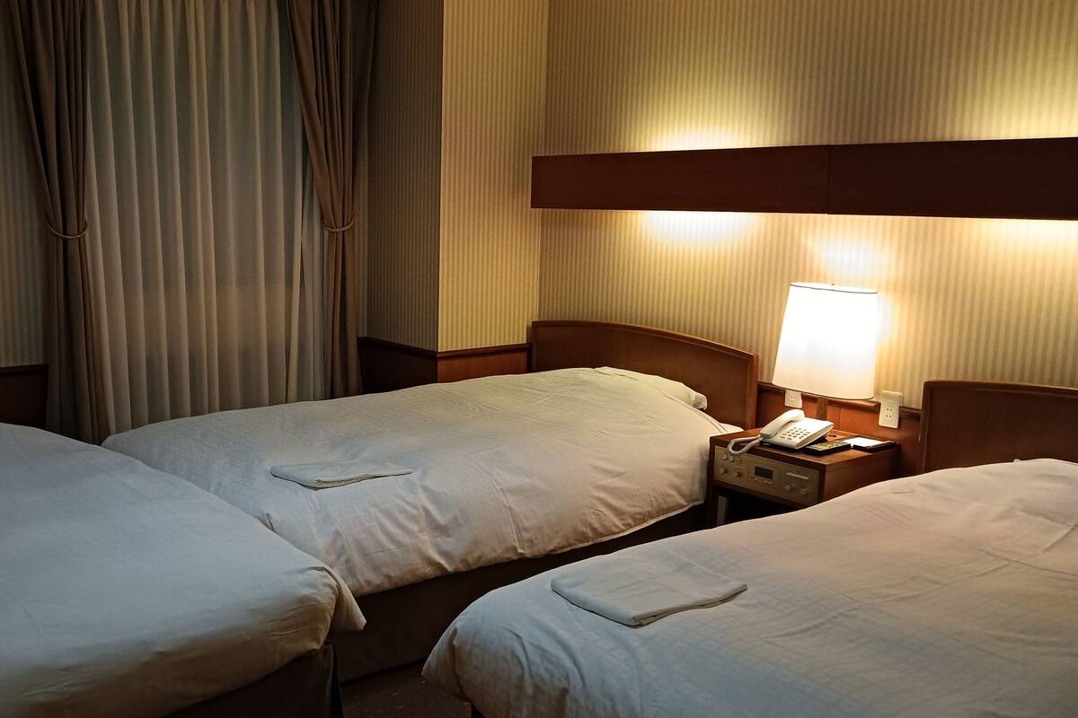 A hotel room with two single beds, a bedside table with a lamp, and a telephone.