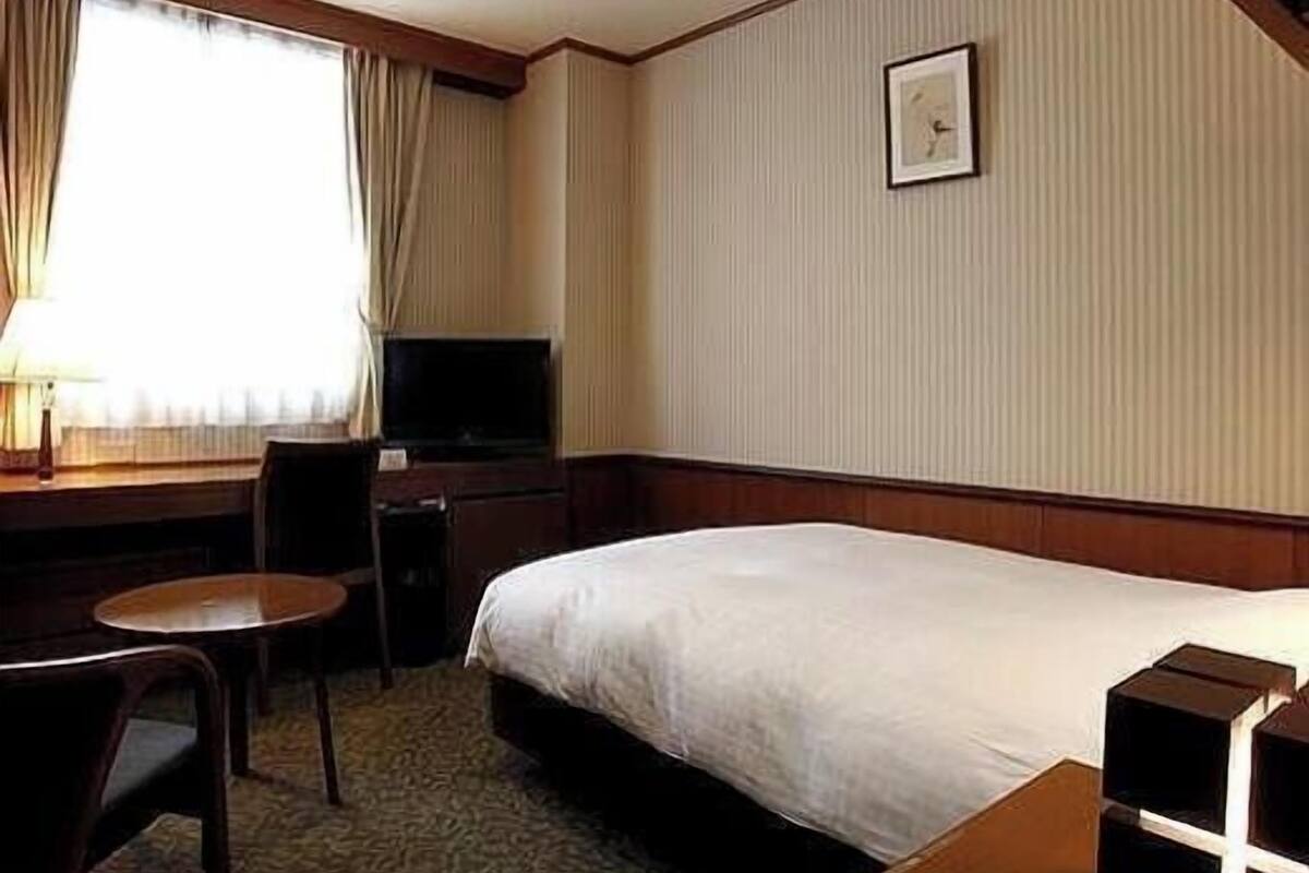 A hotel room with a bed, a desk, a chair, a television, and a window with curtains.