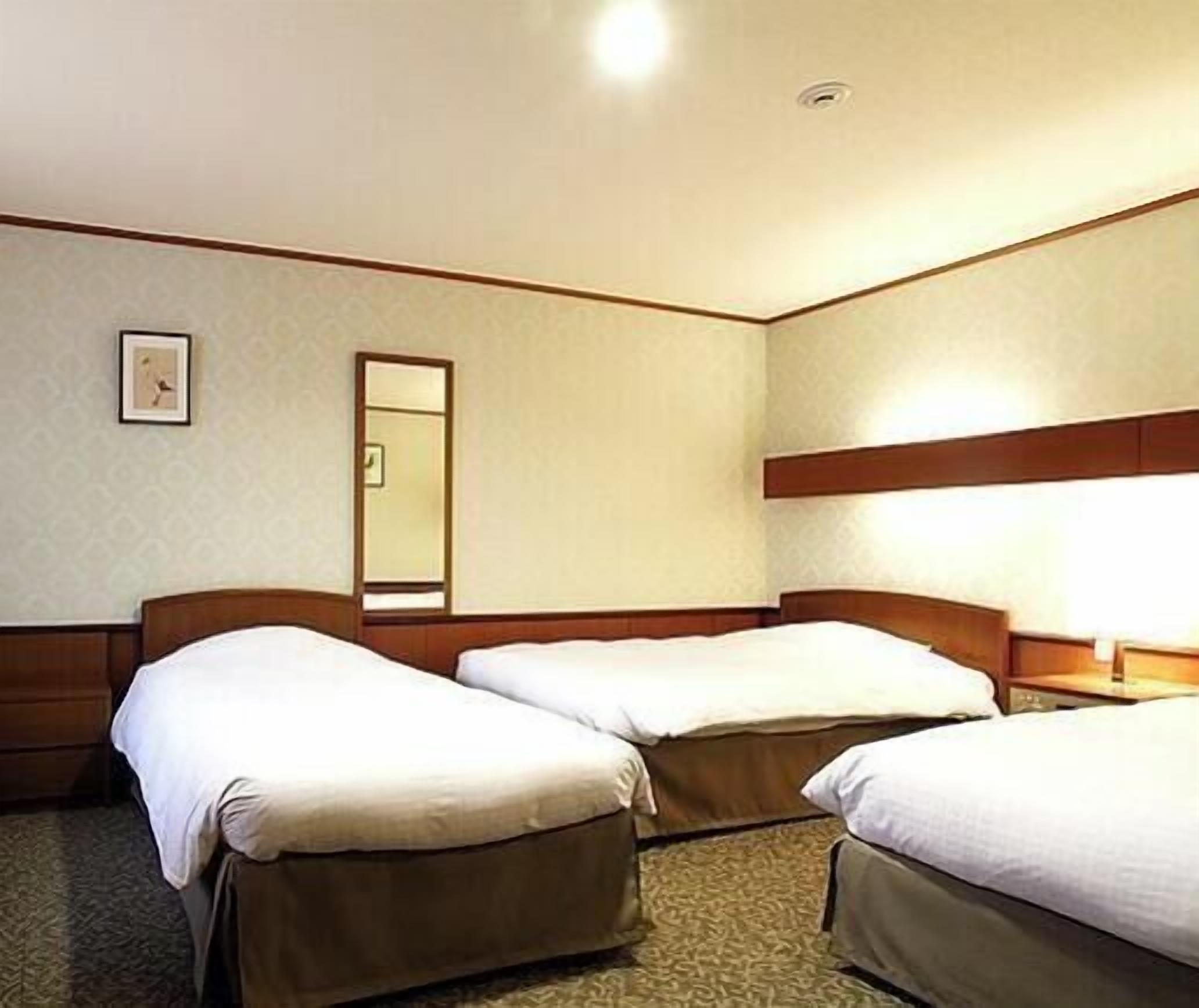 A hotel room with two single beds, a large mirror, and a carpeted floor.