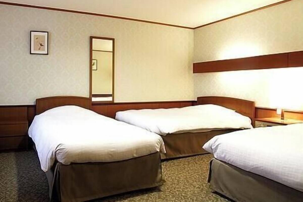 A hotel room with two single beds, a large mirror, and a carpeted floor.