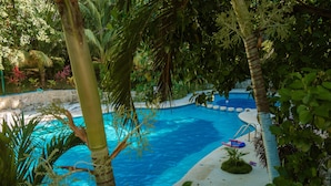 Una piscina rodeada de vegetación exuberante y palmeras.