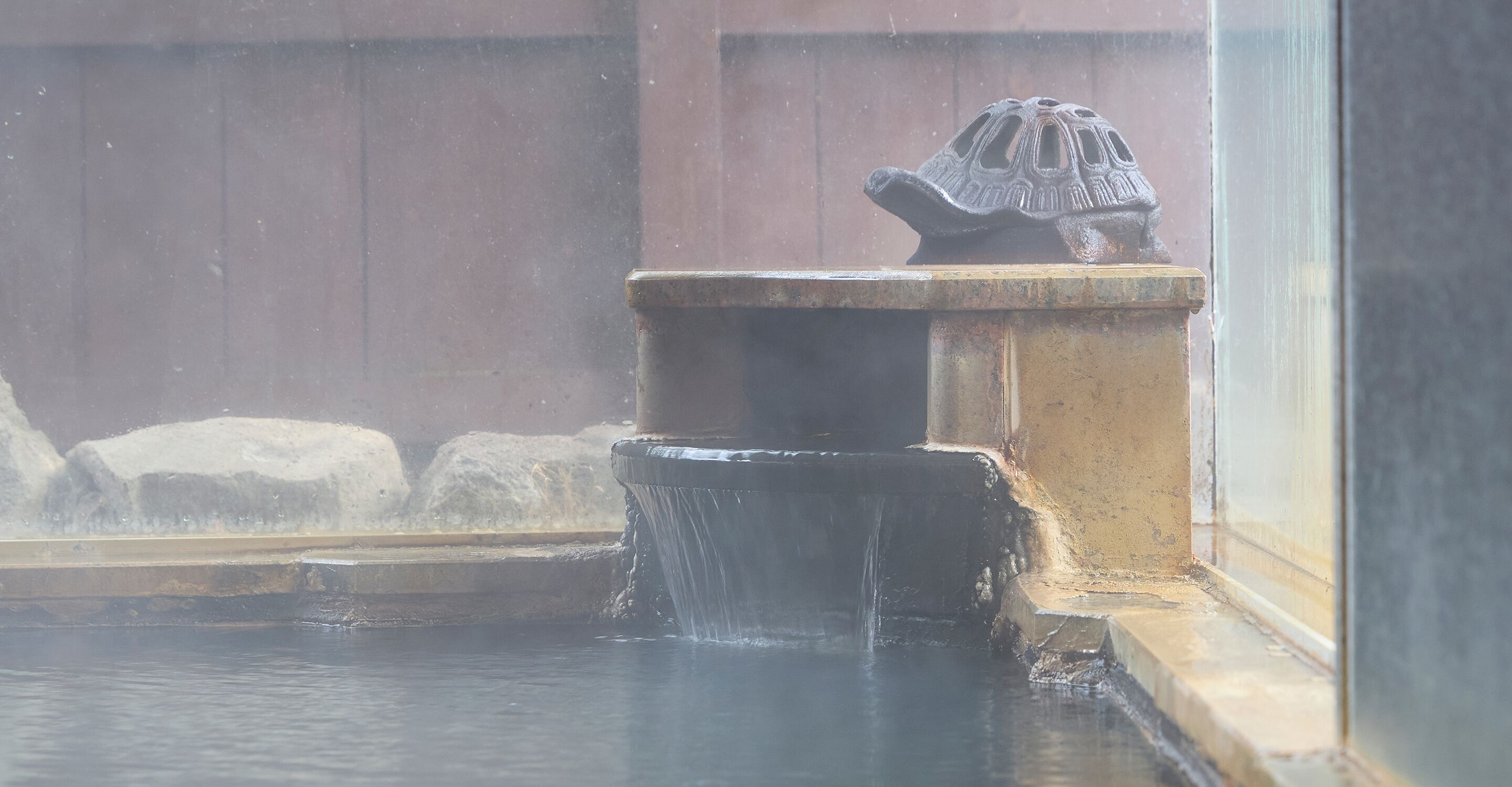 A stone water feature with a turtle statue, a small pool, and a wooden fence in the background.
