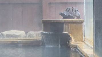 A stone water feature with a turtle statue, a small pool, and a wooden fence in the background.