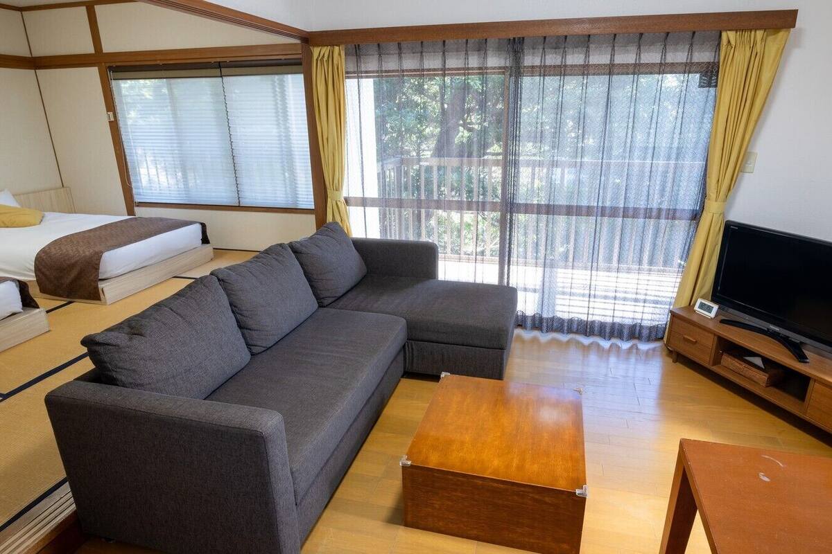 Ein Wohnzimmer mit einer Couch, einem Fernseher, einem Holztisch und einem Bett mit einem gelben Kissen.