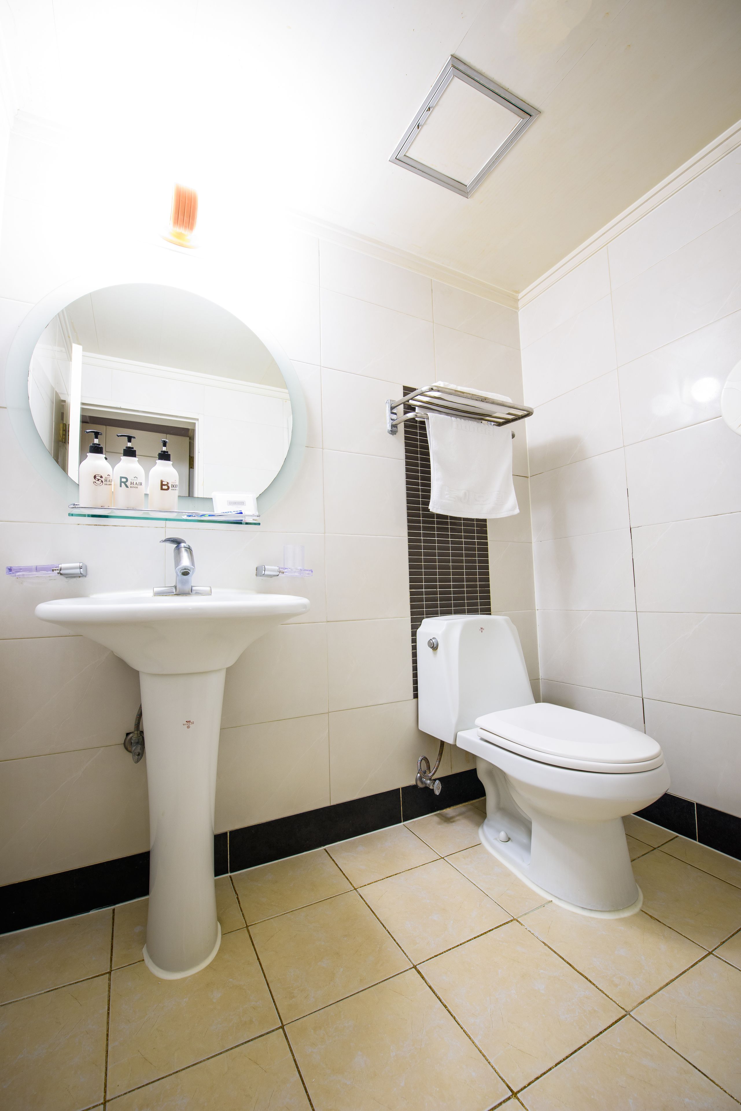 Un baño con lavamanos blanco, inodoro, espejo y toallero.