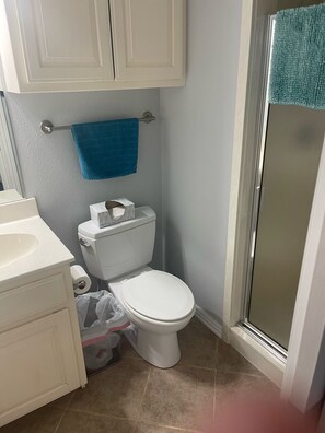 A bathroom with a toilet, a sink, a towel rack with a blue towel, and a shower area. - Cozy Cave Springs Suite with Private Entrance (Cave Springs)
