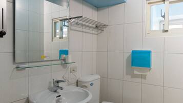 A bathroom with a white sink, a toilet, and a mirror.