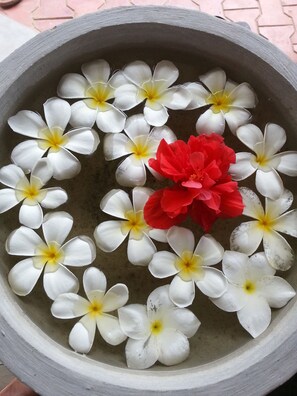 A round stone basin filled with white and red flowers. - Weligama Ocean Breeze (Weligama)