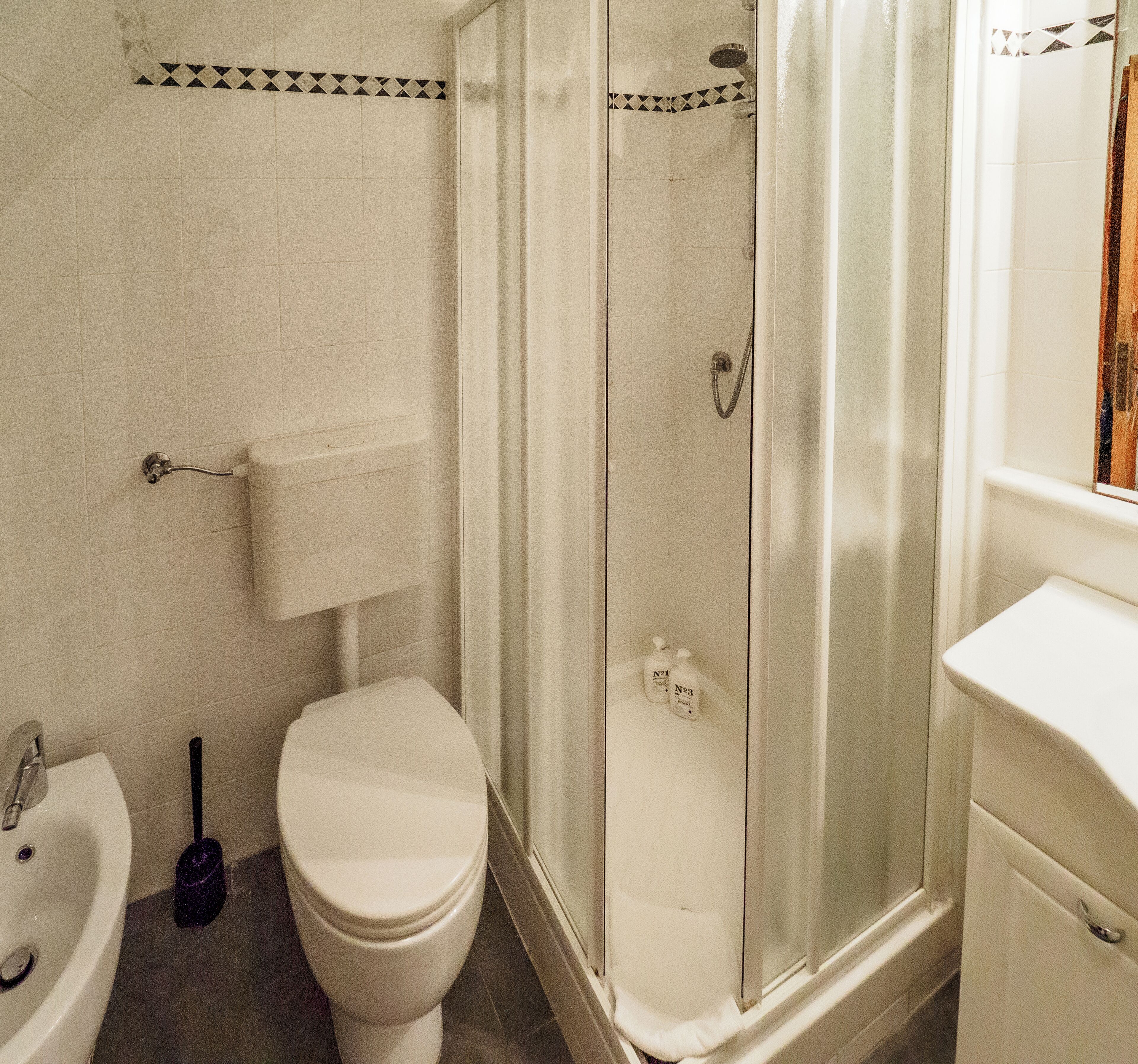 A bathroom with a toilet, sink, and shower.