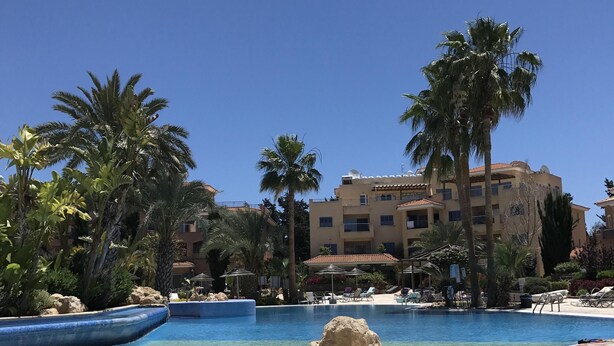 A pool area with clear blue water, palm trees, and a building with multiple balconies in the background.