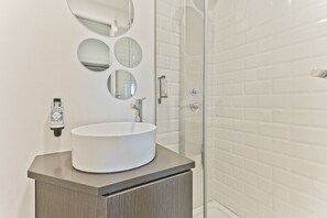 Shower, hair dryer, towels