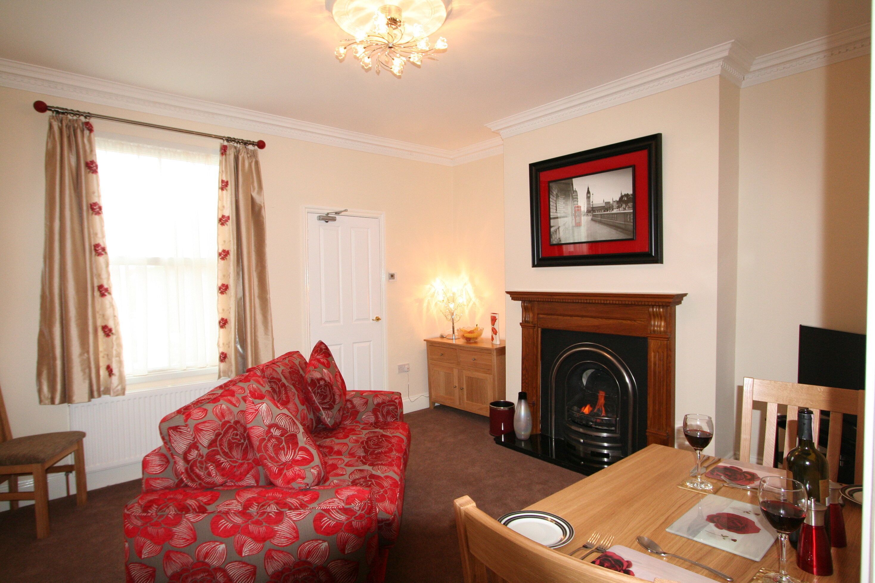 Télévision, cheminée, lecteur de DVD, livres