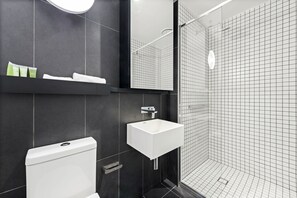 Shower, free toiletries, hair dryer, towels