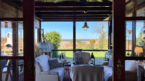 Una habitación acogedora con vistas al campo, que incluye un sofá, un sillón y una mesita.