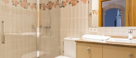 A modern bathroom with a glass shower enclosure, a toilet, and a vanity with a mirror.