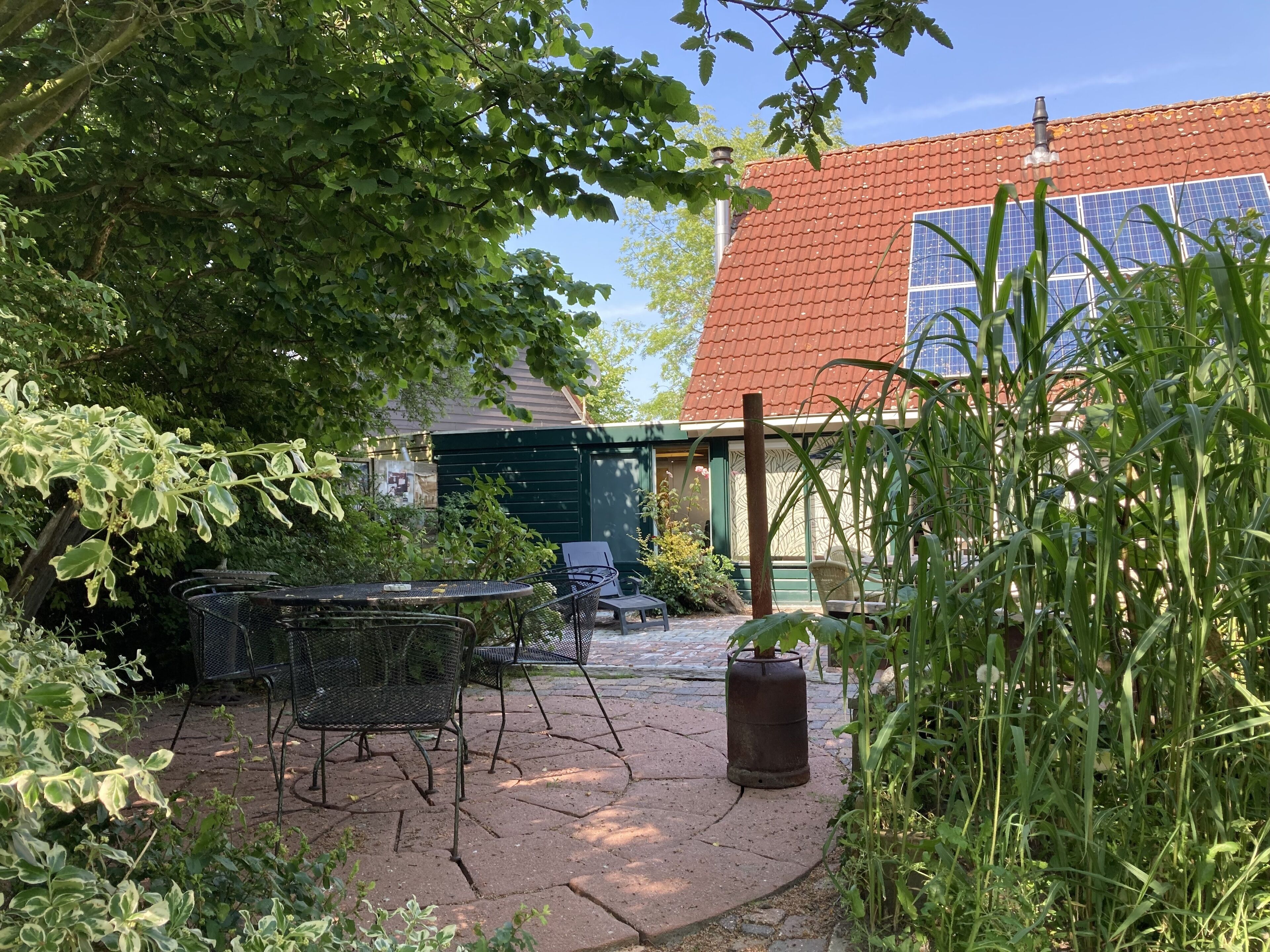 A patio with outdoor furniture, a green shed, and a house with a red roof and solar panels.