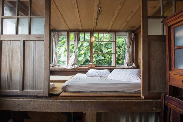 Desk, blackout curtains, rollaway beds