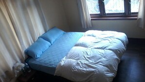 Una camera da letto con un letto, una finestra e una tenda.