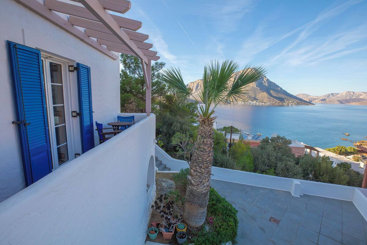 A white building with blue shutters, a palm tree, and a view of the sea and mountains.
