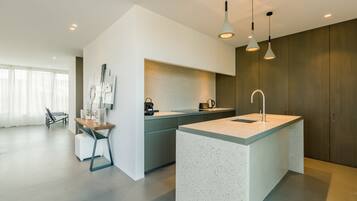 Duplex, Terrace (6th floor) | Private kitchen | Full-size fridge, microwave, oven, stovetop