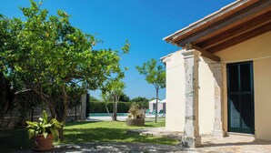 A courtyard with a swimming pool, a potted plant, and a building with a tiled roof. - SINGLE FAMILY HOUSE ISOLATED WITH POOL, RURAL HOUSE IN A LAND OF 35. 000M2 (Selva- Cami Selva- Mallorca)