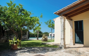 Experience a tranquil courtyard with a well-maintained lawn and mature trees.