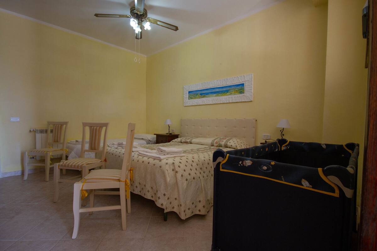 A bedroom with a bed, two chairs, a nightstand, a lamp, and a ceiling fan.