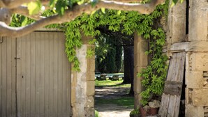 An arched doorway leading to a courtyard with a pool and lounge chairs. - Domaine des Escaunes (Sernhac)