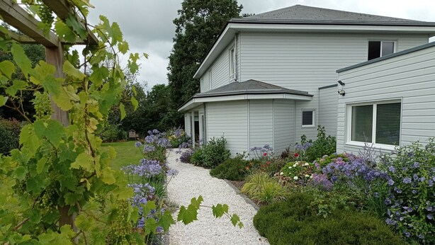A house with a gravel pathway leading to the entrance, surrounded by a variety of flowering plants and a vine with green grapes. - Le Clos Louisiane (Saint-Loup-Hors)
