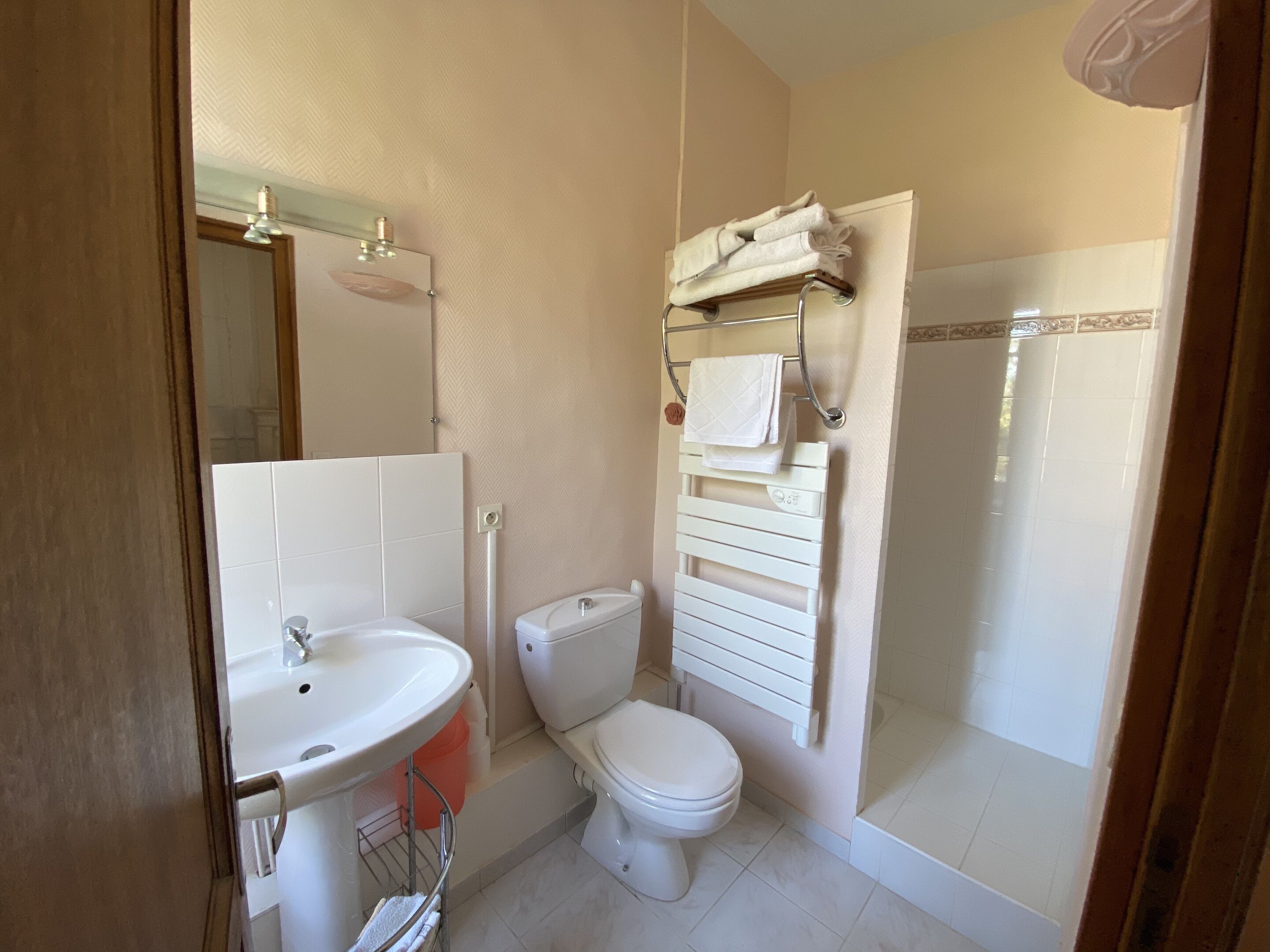 A bathroom with a sink, toilet, and a shower area.