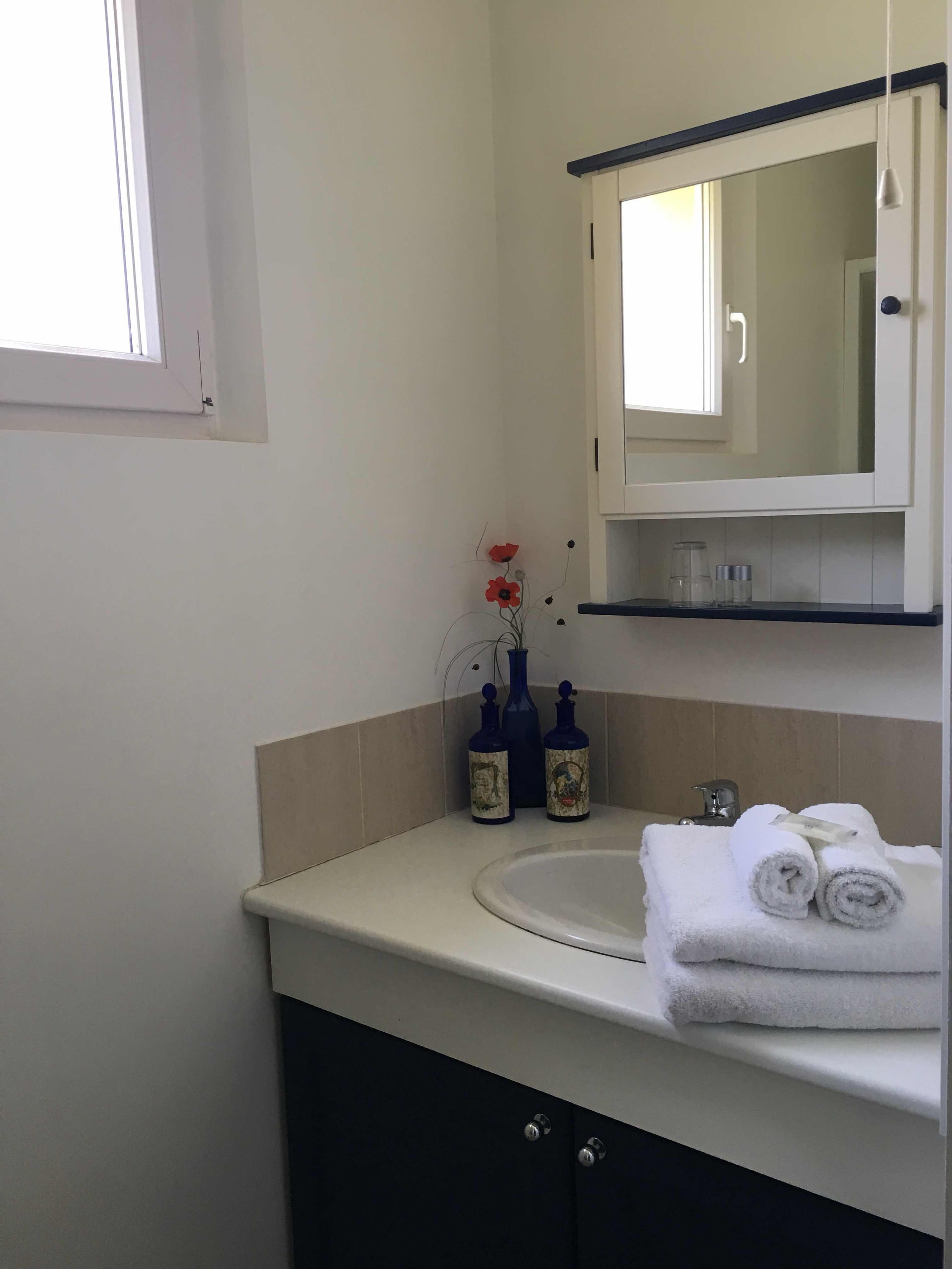 Un baño con un lavamanos blanco, un espejo encima y un perchero con toallas dobladas. Hay dos botellas en la encimera y un jarrón con flores rojas en la pared.