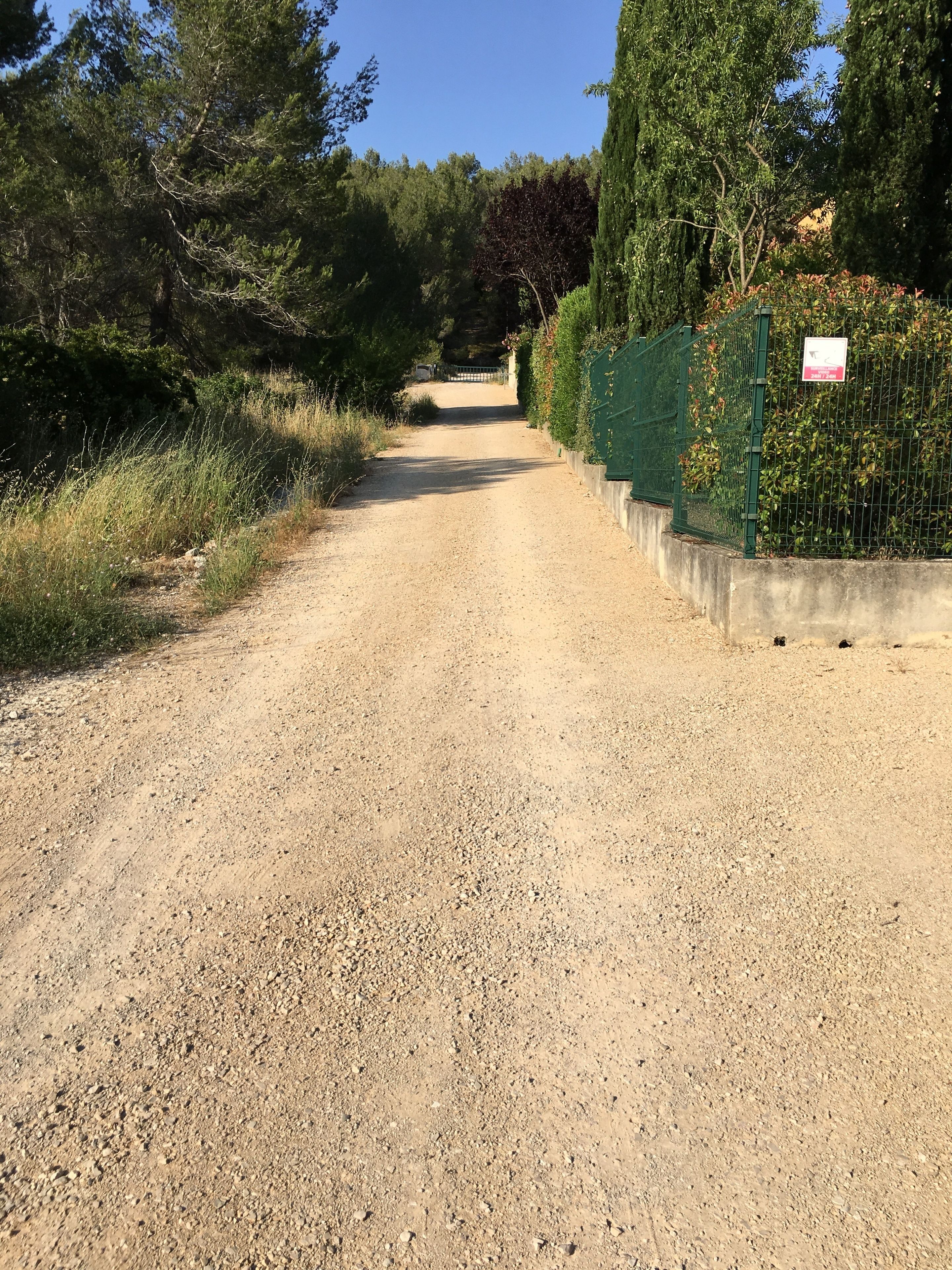 A gravel path leading to a gate with a sign, surrounded by greenery and trees.