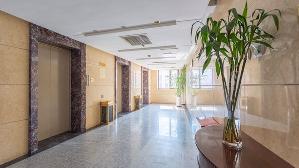 A spacious hallway with marble walls, a wooden reception desk, and a potted plant.