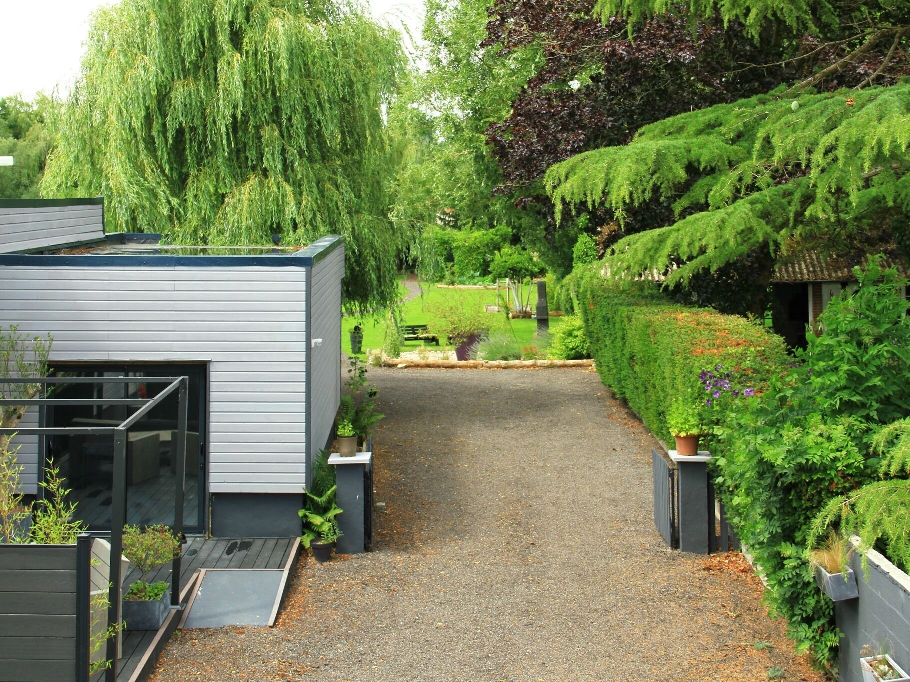 A modern house with a gravel driveway, a small garden with various plants, and a large tree in the background.