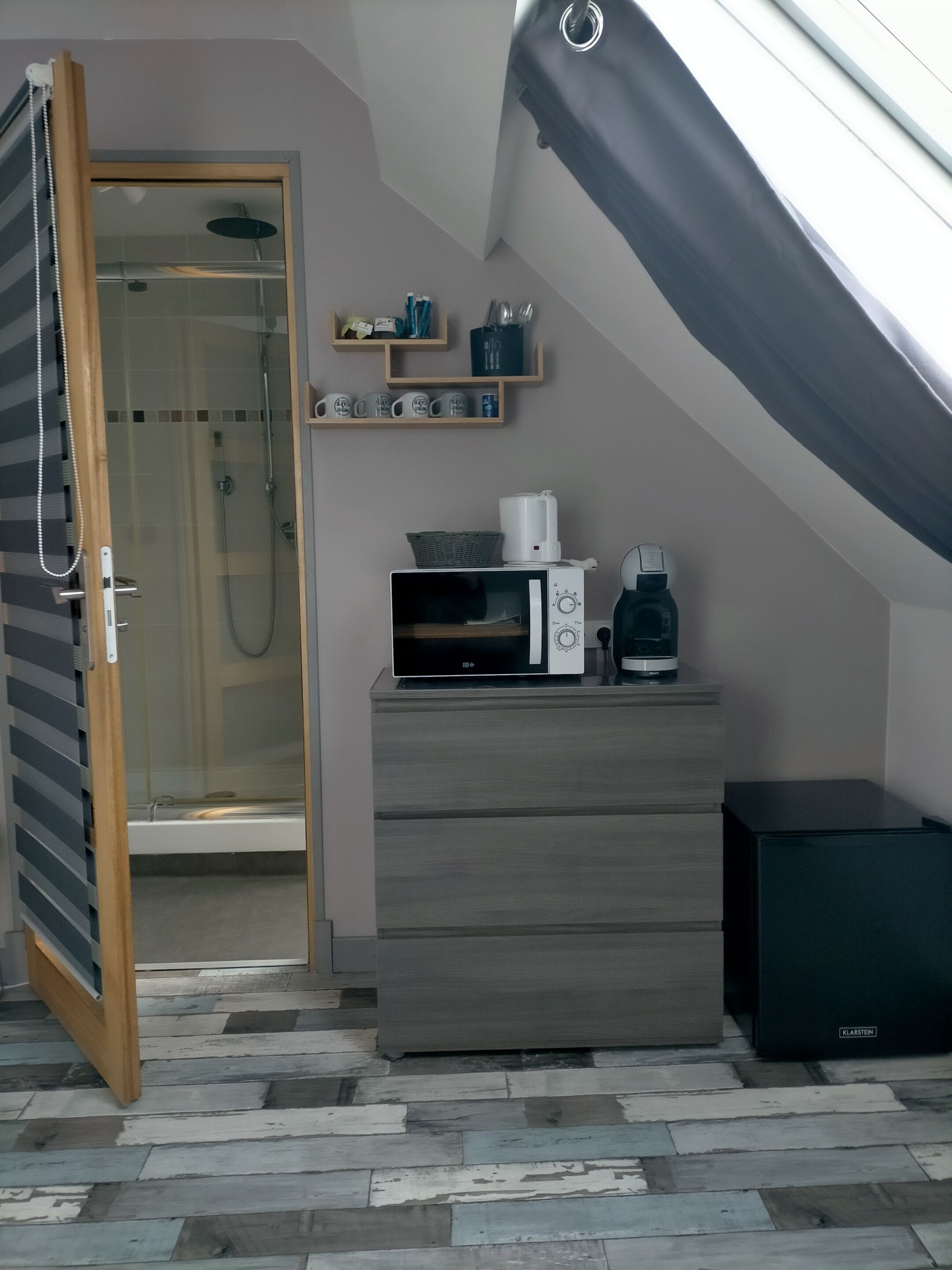 Une chambre compacte équipée d’une douche, d’un four à micro-ondes, d’une machine à café et d’un petit placard.