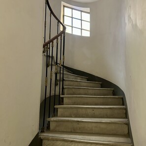 Uma escadaria em espiral com corrimão e balaústres, que leva a um patamar com uma janela.