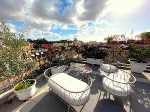 Terraço no telhado com área de estar ao ar livre, vasos de plantas e vista para a cidade.