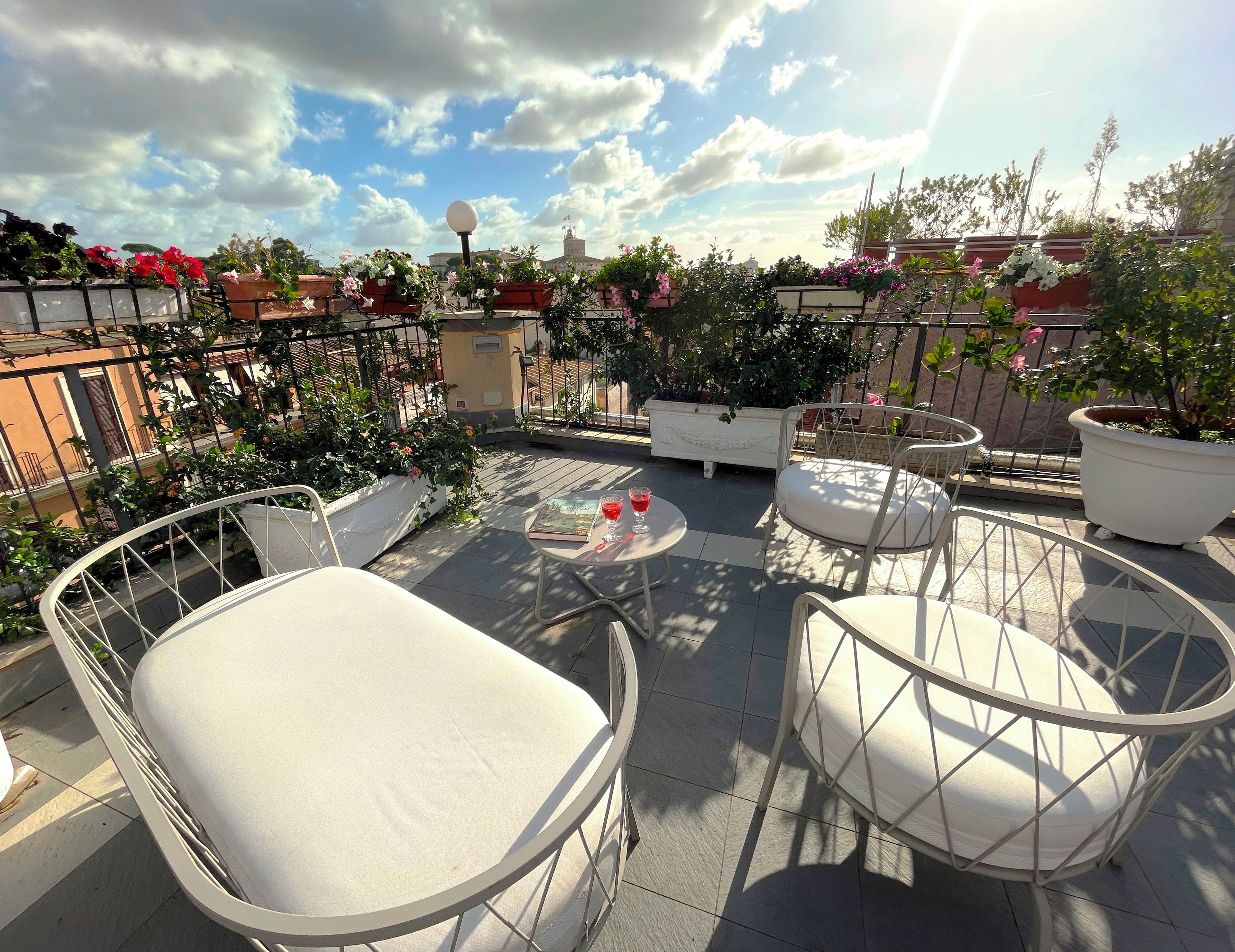 Una terraza en la azotea con mobiliario exterior, plantas en macetas y un cielo despejado.