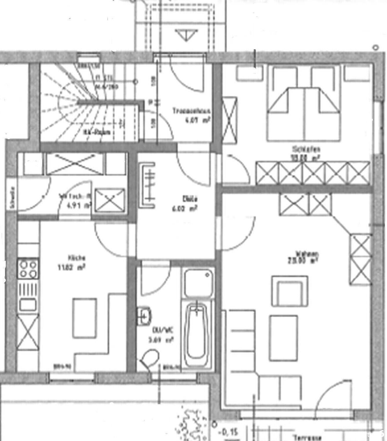 A floor plan with a kitchen, dining area, two bedrooms, a bathroom, and a living room.