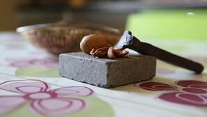 A small stone block with a nut and a hammer on a table with a floral pattern. - Le 3 B (Catania)