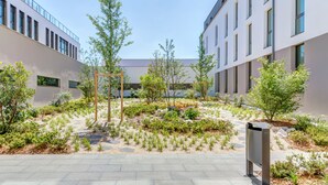 Un edificio moderno con un patio que presenta diversas plantas y una estructura de madera en el centro.