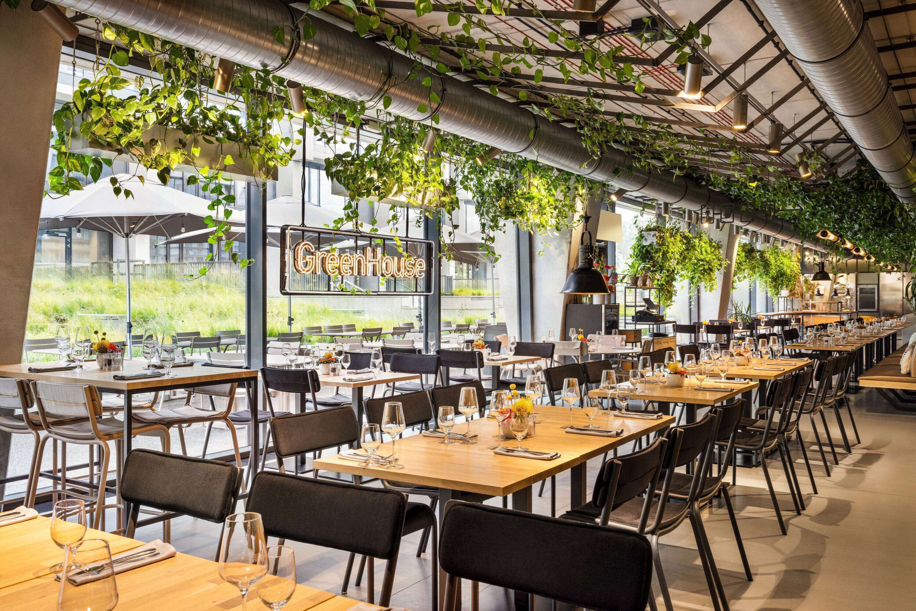 Un restaurant avec de longues tables, des chaises et des plantes suspendues.