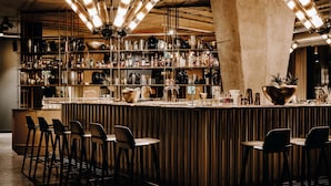 Een bar met een toog, barkrukken en gevulde flessenkasten.