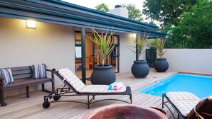 Uma área na piscina com espreguiçadeiras, lareira e plantas em vasos.