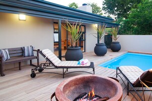 Outdoor pool, pool umbrellas, pool loungers