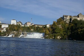 Une cascade se jetant dans une rivière, entourée d’immeubles et d’arbres.
