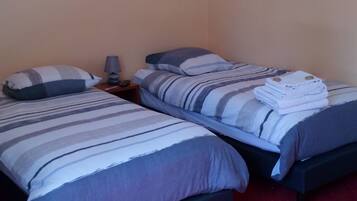 A bedroom with two beds, a nightstand, a lamp, and a framed picture on the wall.