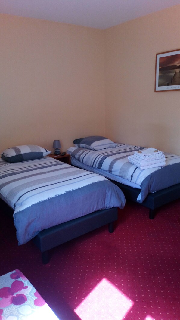 A bedroom with two beds, a nightstand, a lamp, and a framed picture on the wall. - La Roseraie (Amberieux-en-Dombes)