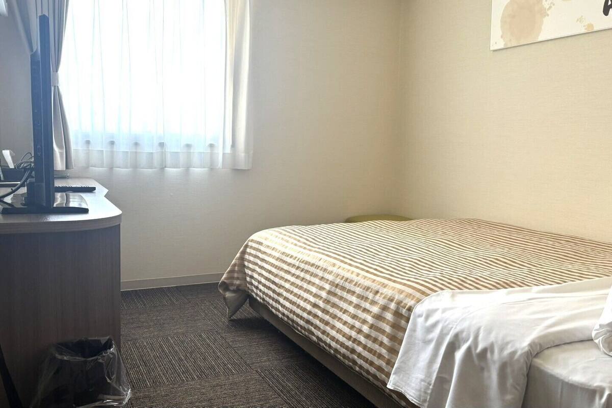 Una habitación de hotel con una cama, un escritorio y una silla.