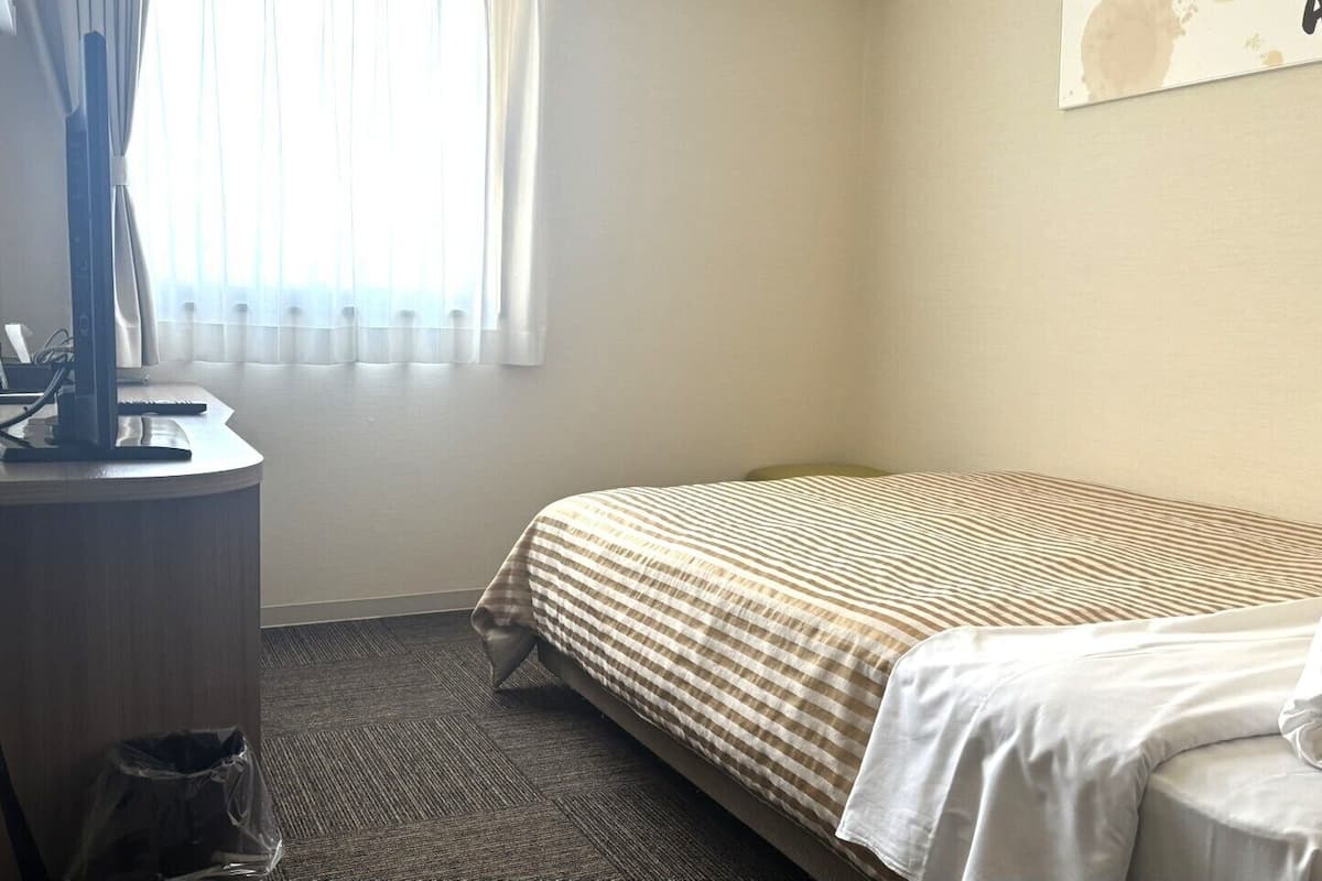 Una habitación de hotel con una cama, un escritorio y una silla.
